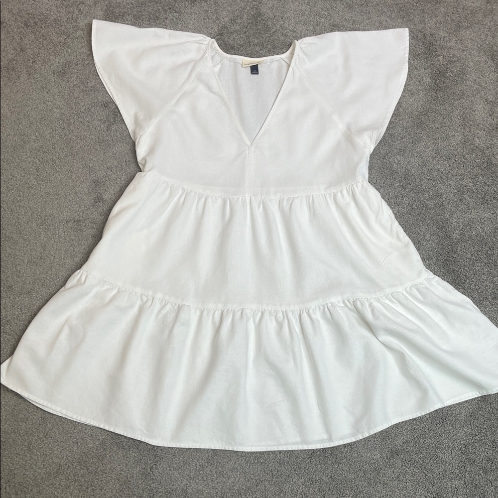 White Tiered V Neck Dress Linen Blend Size Medium